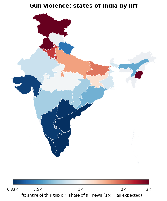 Gun violence: India: coverage by state against India's located news (official outline)