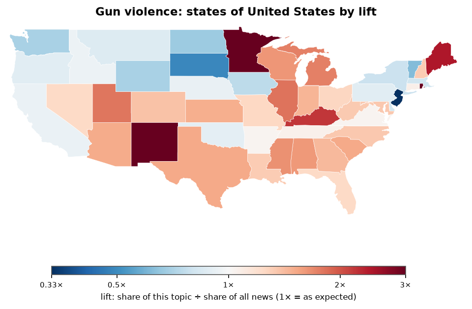 Gun violence: United States: coverage by state against US located news