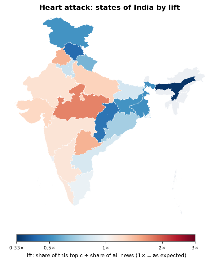 Heart attack: India: coverage by state against India's located news (official outline)