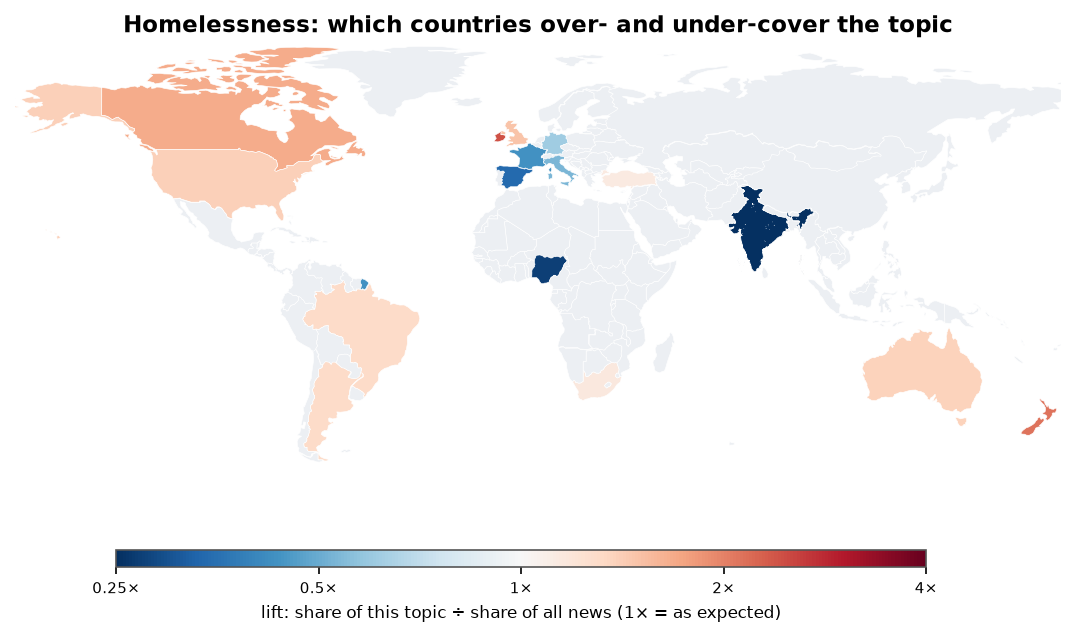Homelessness: World map: over- and under-coverage by country against all located news