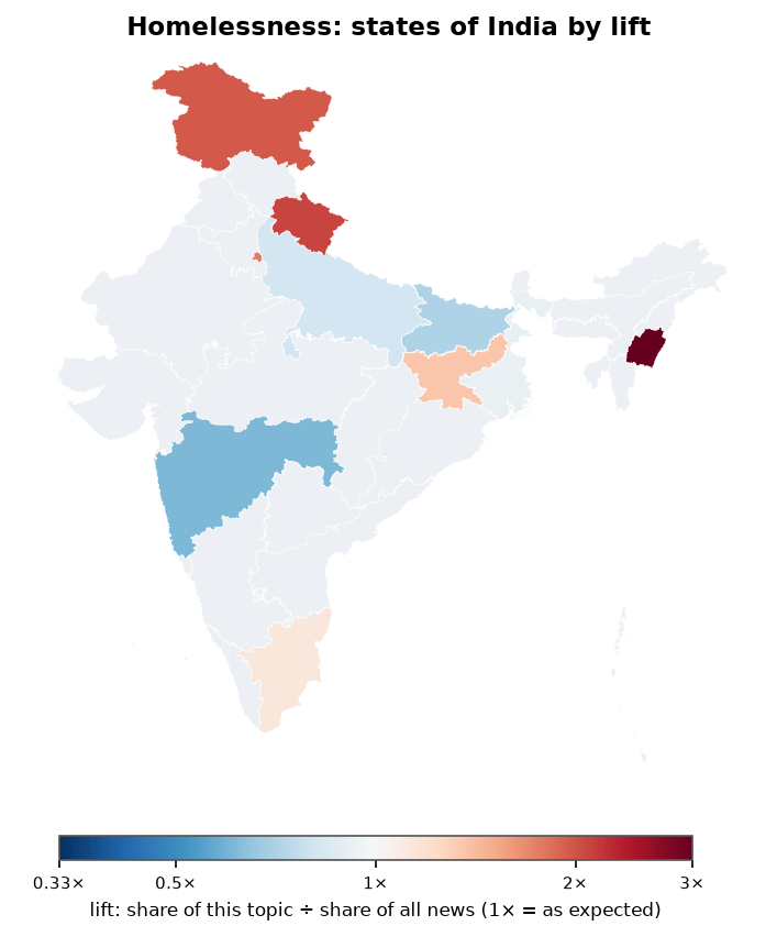 Homelessness: India: coverage by state against India's located news (official outline)