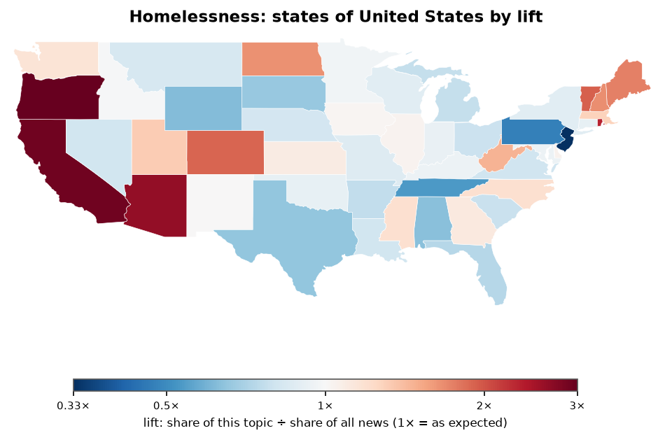 Homelessness: United States: coverage by state against US located news