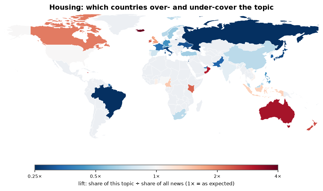 Housing: World map: over- and under-coverage by country against all located news