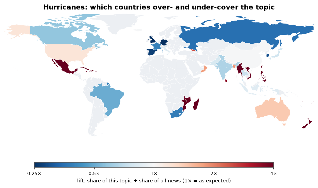 Hurricanes: World map: over- and under-coverage by country against all located news