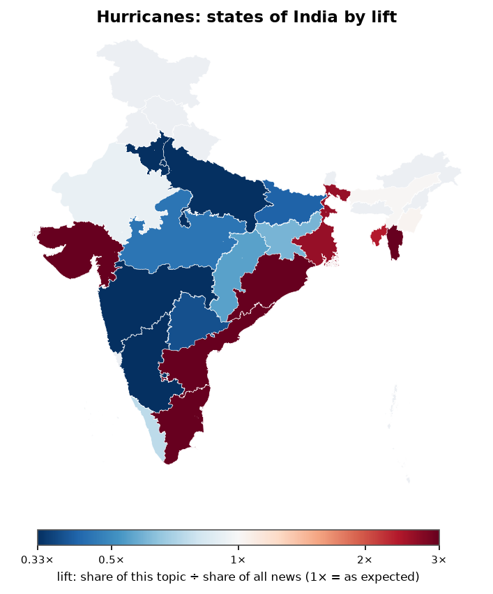 Hurricanes: India: coverage by state against India's located news (official outline)