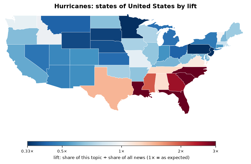 Hurricanes: United States: coverage by state against US located news