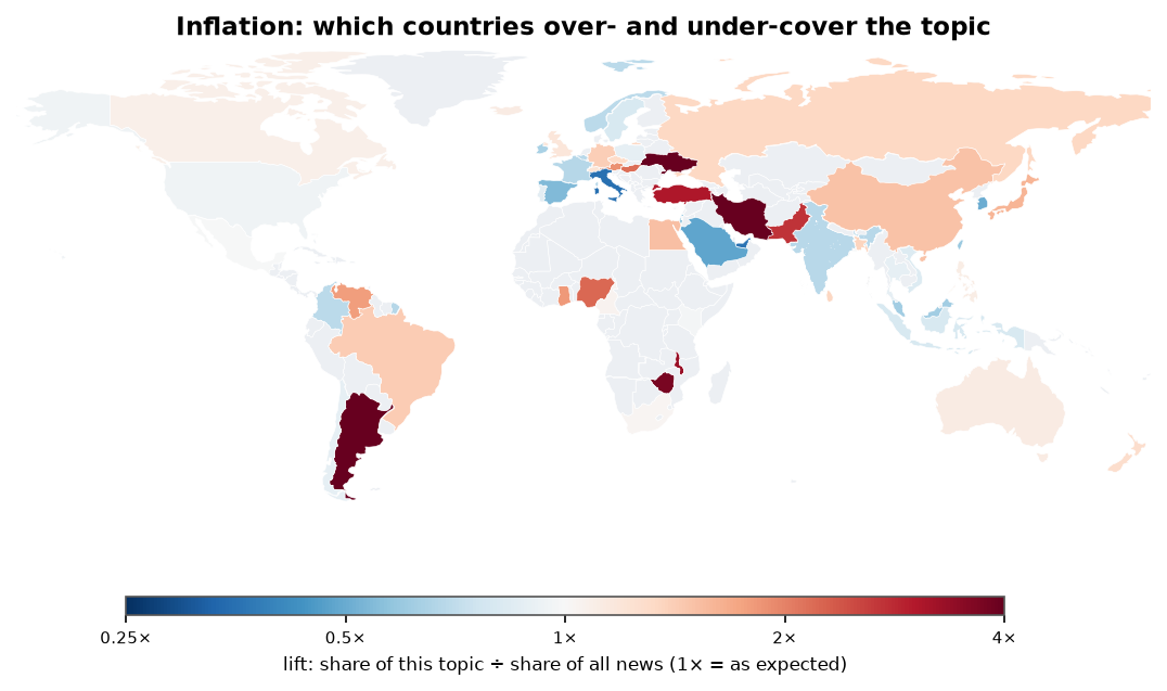 Inflation: World map: over- and under-coverage by country against all located news
