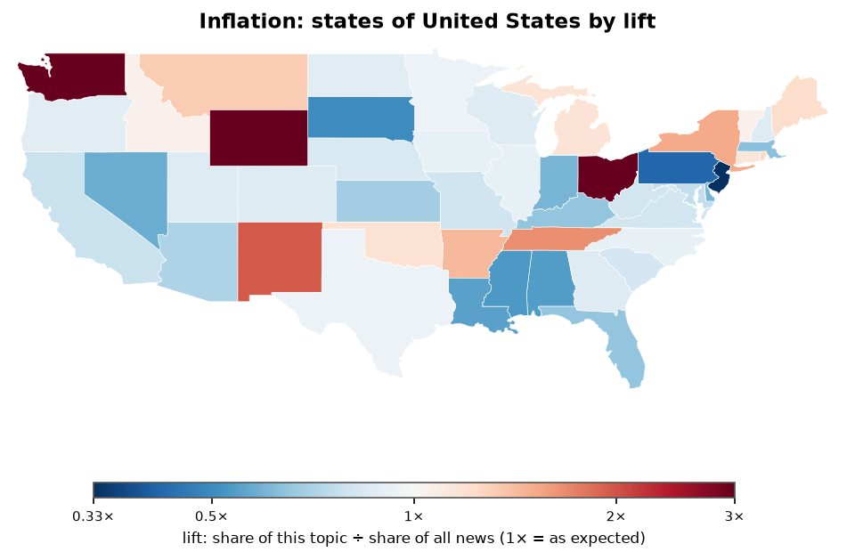 Inflation: United States: coverage by state against US located news