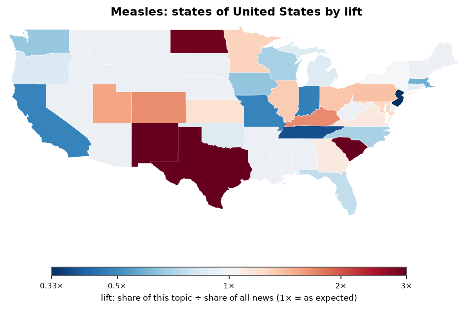 Measles: United States: coverage by state against US located news