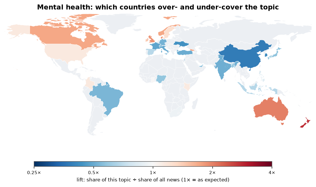 Mental health: World map: over- and under-coverage by country against all located news