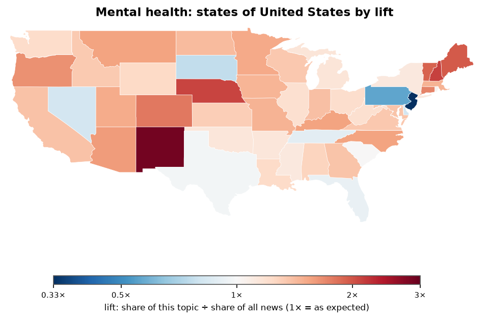 Mental health: United States: coverage by state against US located news