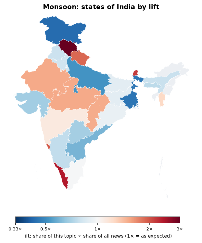 Monsoon: India: coverage by state against India's located news (official outline)