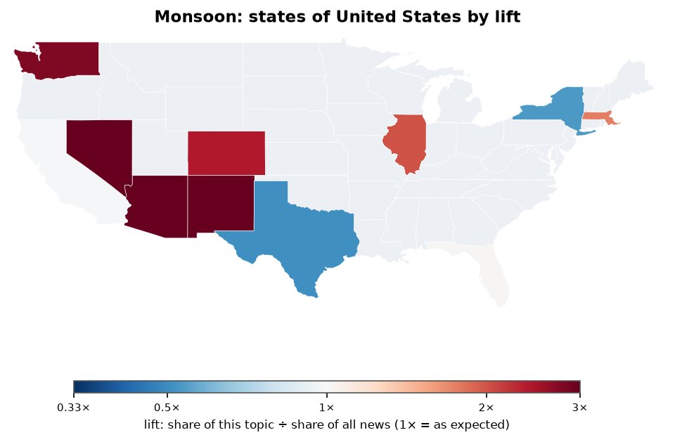Monsoon: United States: coverage by state against US located news