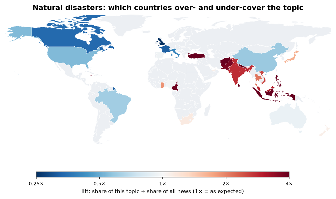 Natural disasters: World map: over- and under-coverage by country against all located news
