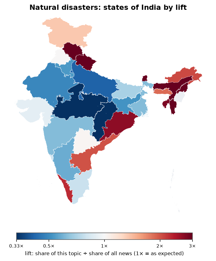 Natural disasters: India: coverage by state against India's located news (official outline)