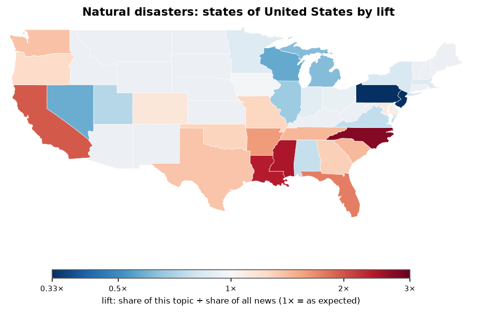 Natural disasters: United States: coverage by state against US located news