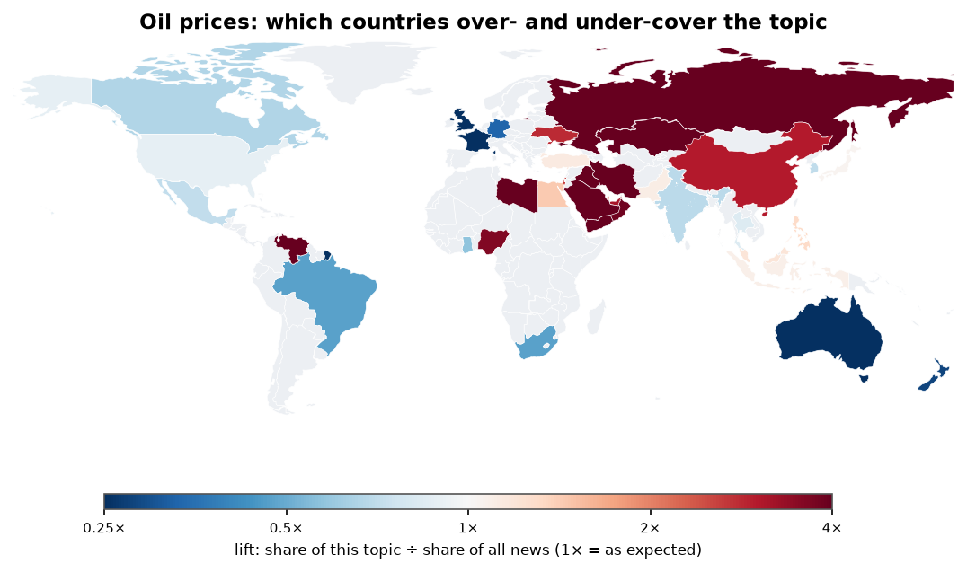 Oil prices: World map: over- and under-coverage by country against all located news