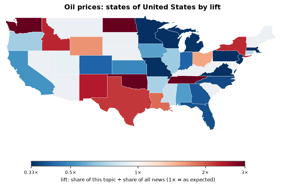 Oil prices: United States: coverage by state against US located news