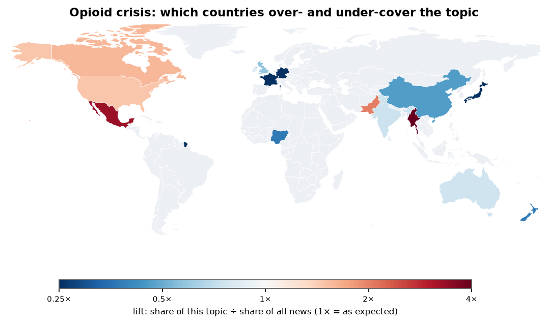 Opioid crisis: World map: over- and under-coverage by country against all located news