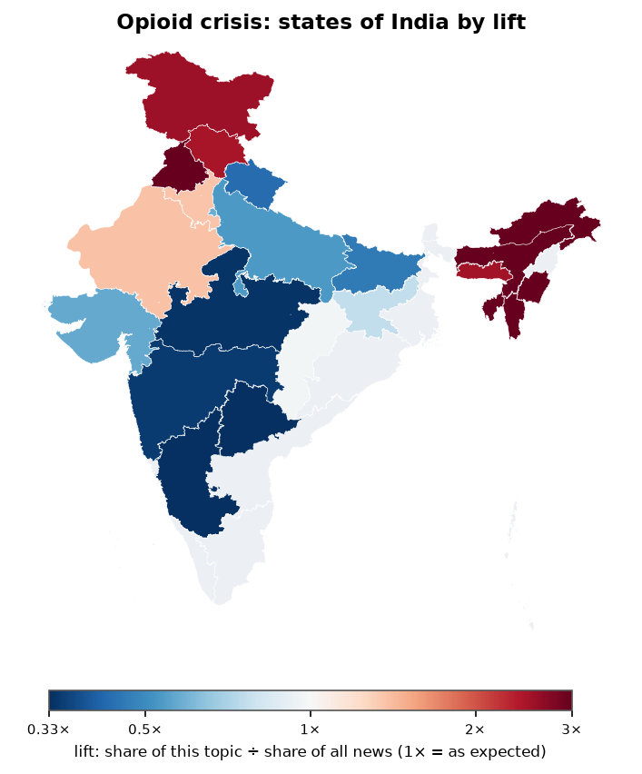 Opioid crisis: India: coverage by state against India's located news (official outline)