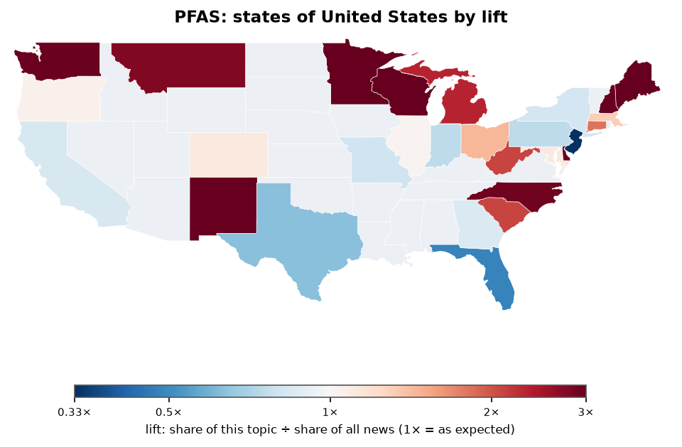 PFAS: United States: coverage by state against US located news