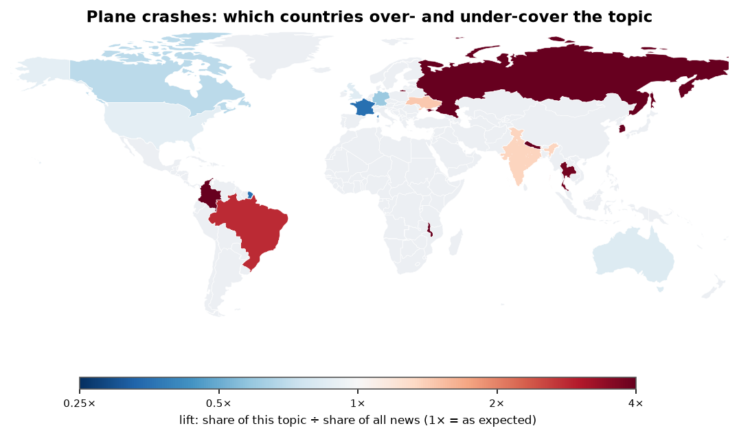 Plane crashes: World map: over- and under-coverage by country against all located news