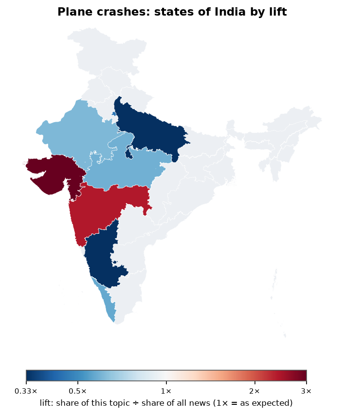 Plane crashes: India: coverage by state against India's located news (official outline)
