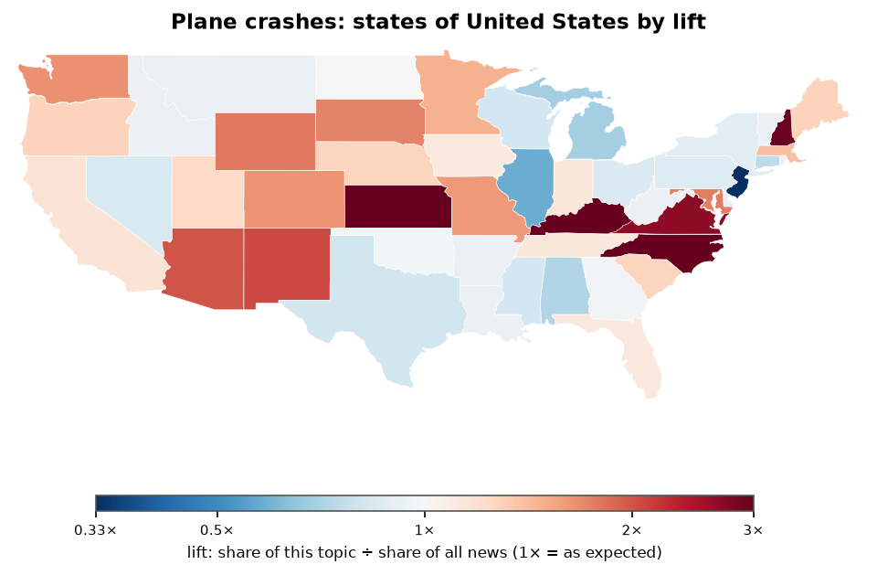 Plane crashes: United States: coverage by state against US located news