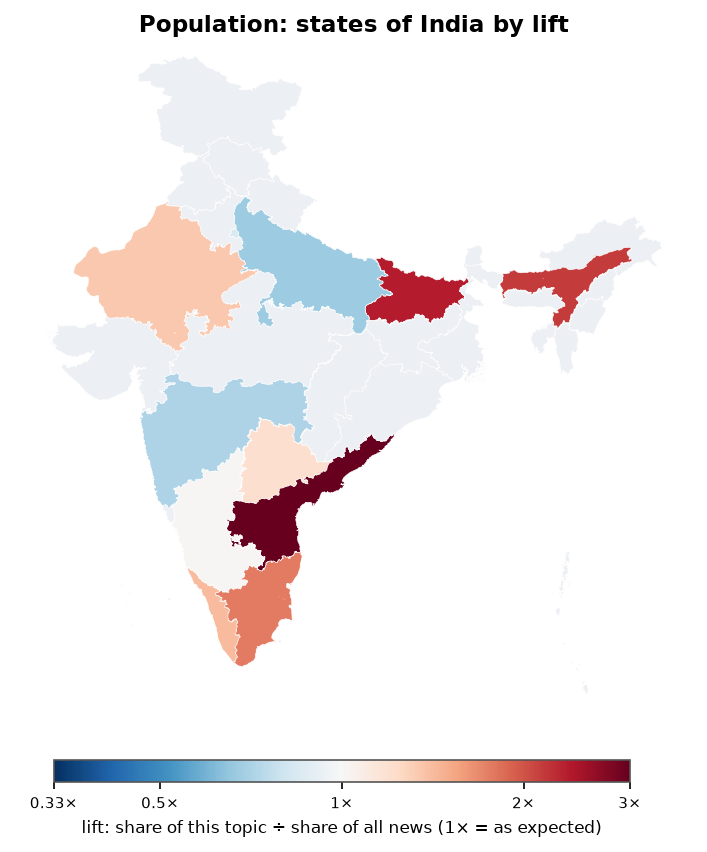Population: India: coverage by state against India's located news (official outline)