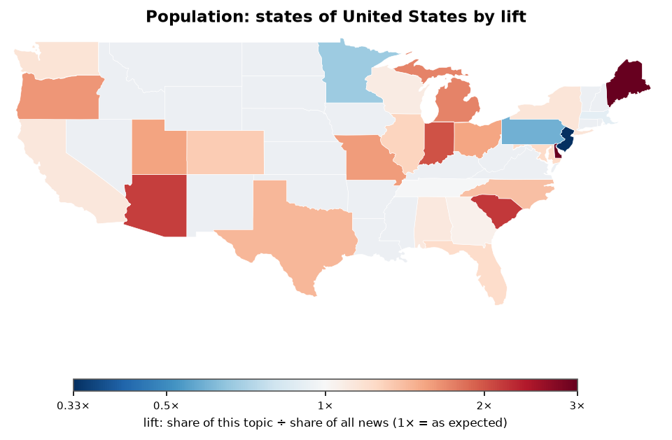 Population: United States: coverage by state against US located news
