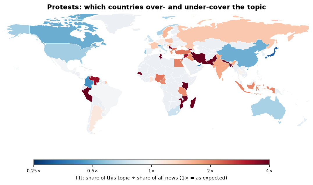 Protests: World map: over- and under-coverage by country against all located news