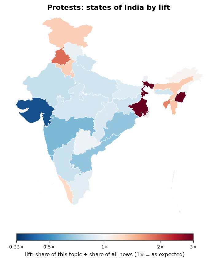 Protests: India: coverage by state against India's located news (official outline)