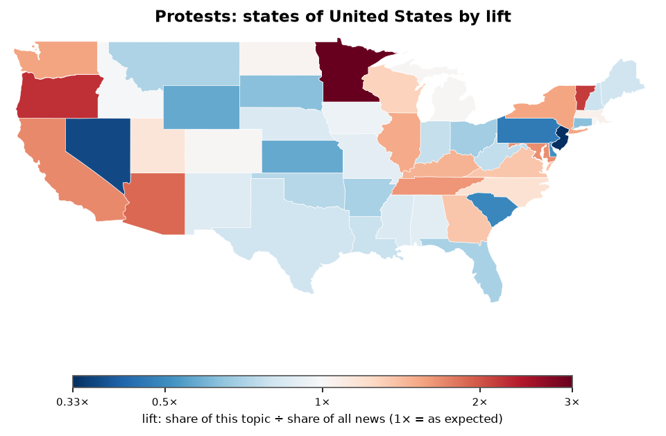 Protests: United States: coverage by state against US located news
