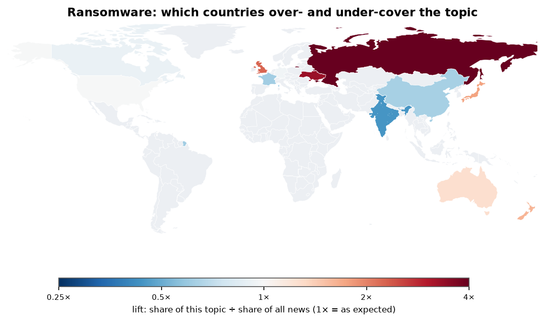 Ransomware: World map: over- and under-coverage by country against all located news