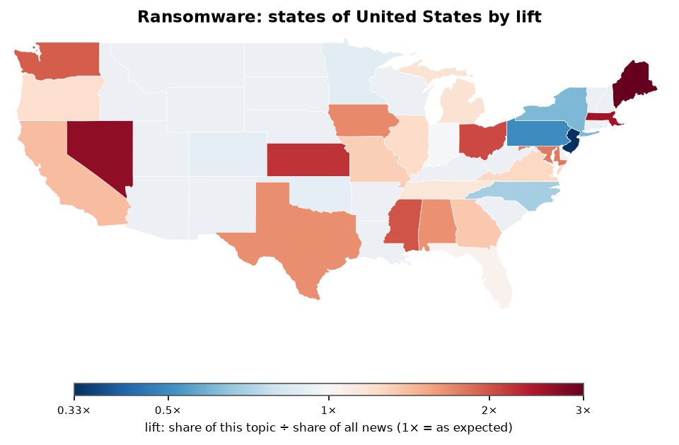 Ransomware: United States: coverage by state against US located news