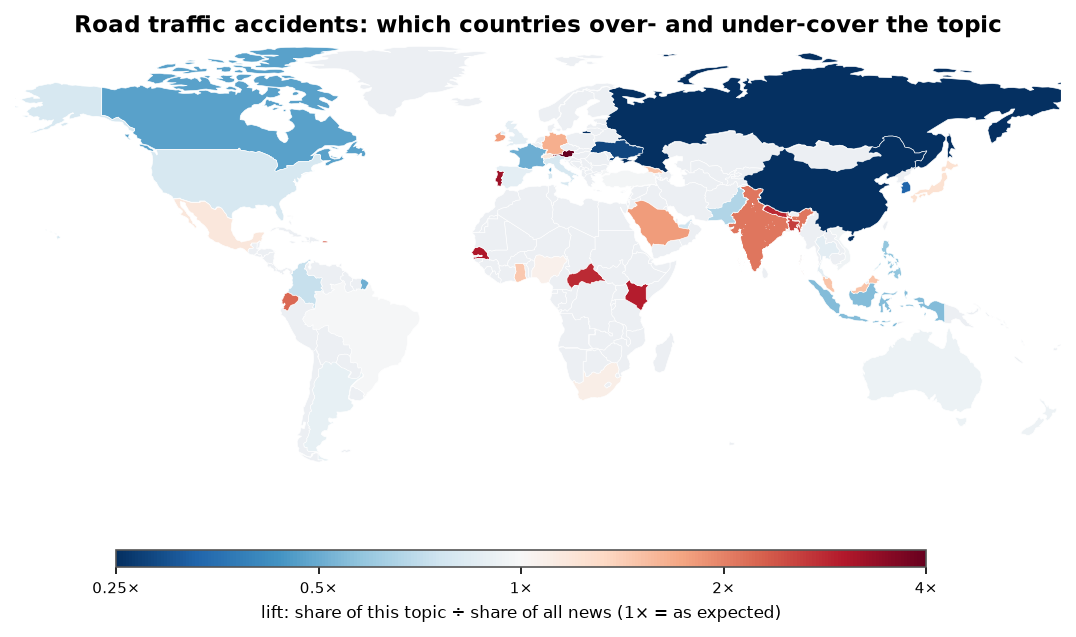 Road traffic accidents: World map: over- and under-coverage by country against all located news