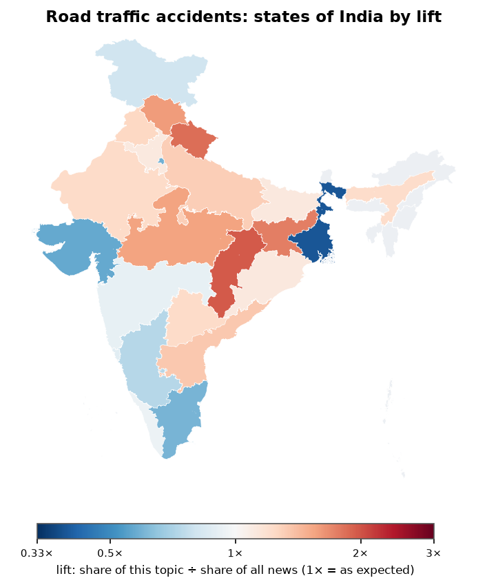 Road traffic accidents: India: coverage by state against India's located news (official outline)