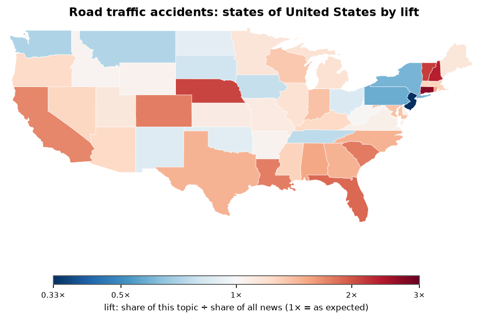 Road traffic accidents: United States: coverage by state against US located news