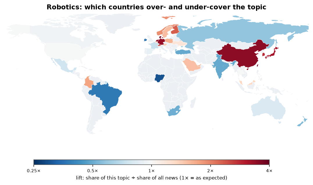 Robotics: World map: over- and under-coverage by country against all located news