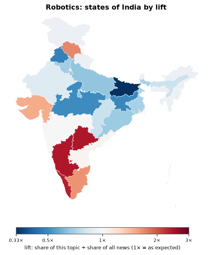 Robotics: India: coverage by state against India's located news (official outline)