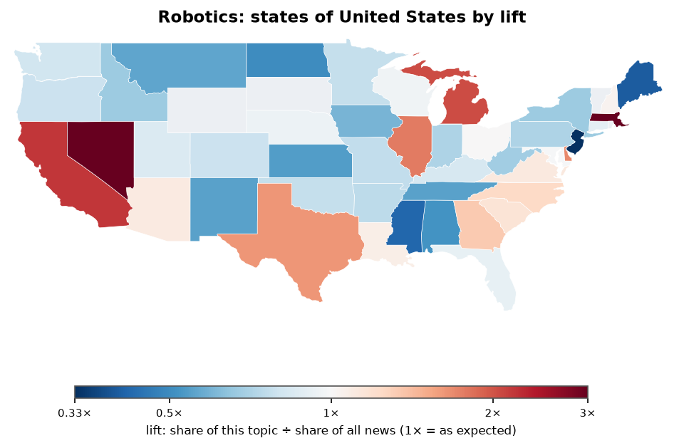 Robotics: United States: coverage by state against US located news