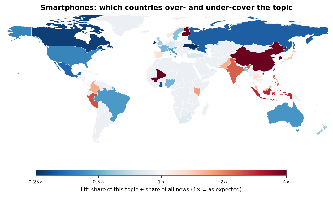 Smartphones: World map: over- and under-coverage by country against all located news
