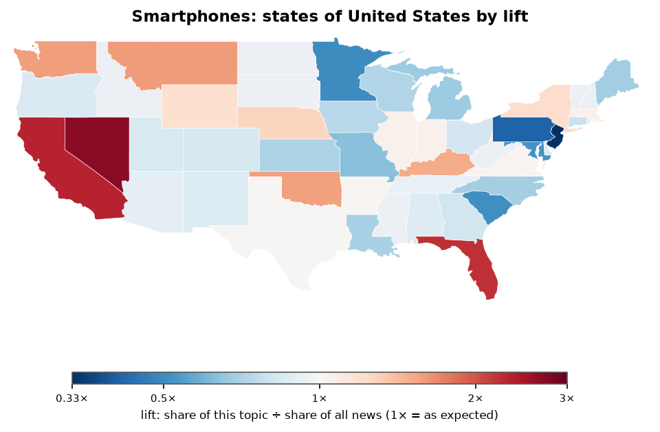 Smartphones: United States: coverage by state against US located news