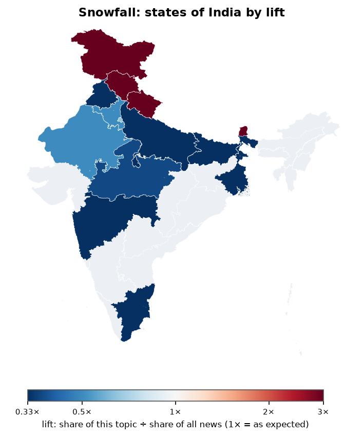 Snowfall: India: coverage by state against India's located news (official outline)