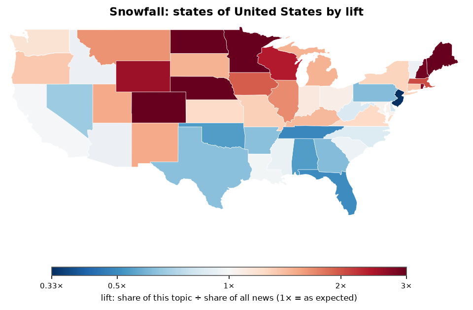 Snowfall: United States: coverage by state against US located news