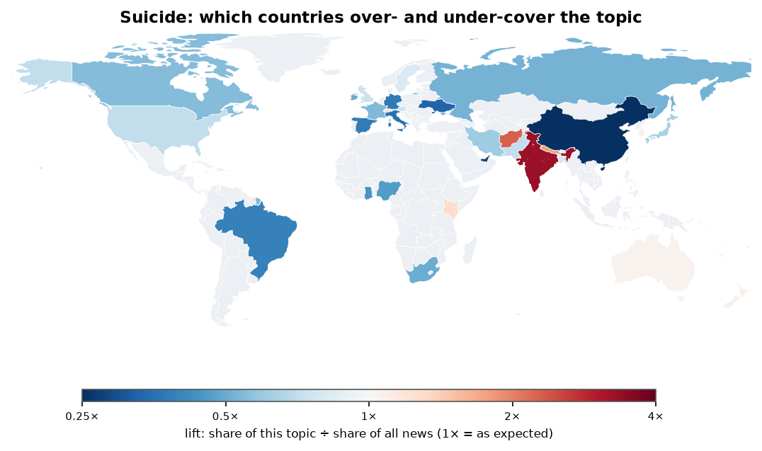 Suicide: World map: over- and under-coverage by country against all located news