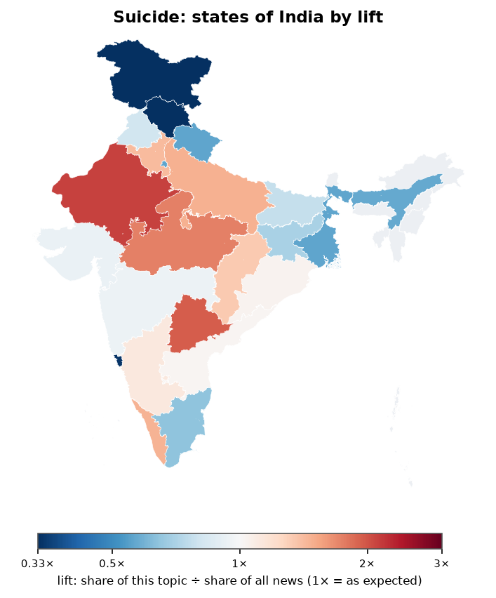 Suicide: India: coverage by state against India's located news (official outline)