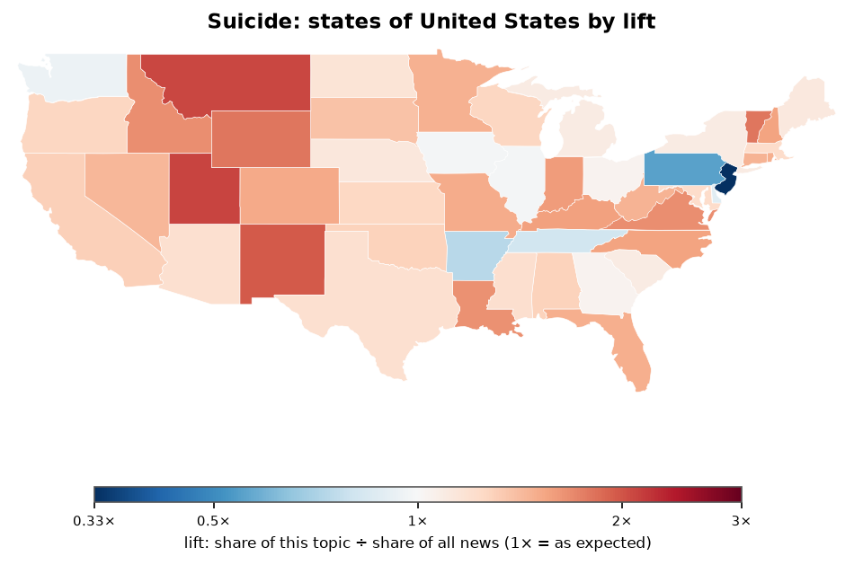 Suicide: United States: coverage by state against US located news