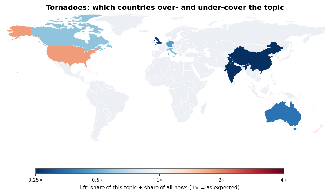 Tornadoes: World map: over- and under-coverage by country against all located news