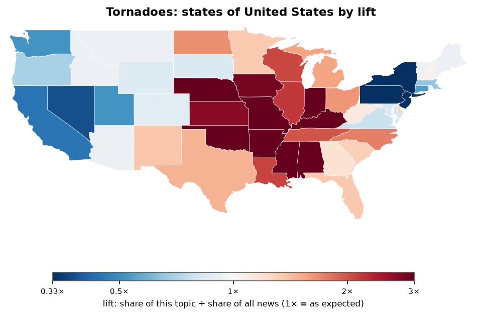 Tornadoes: United States: coverage by state against US located news
